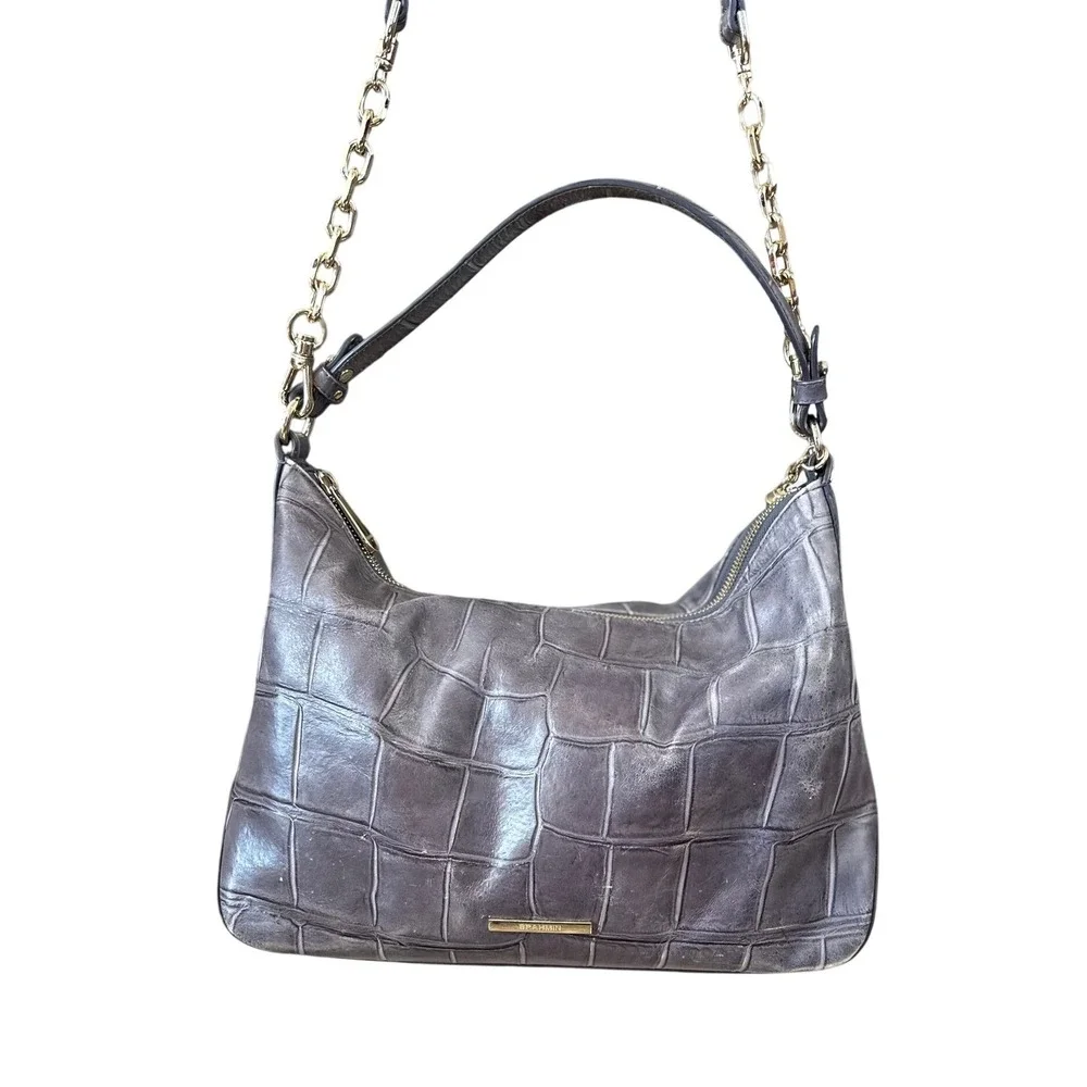 Brahmin Grey Croc Embossed‎ Leather Shoulder Bag Gold Chain Tassel Accent